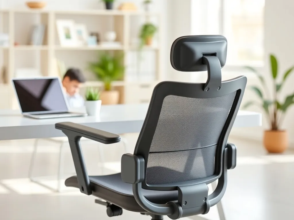 Ergonomiczny fotel biurowy przy minimalistycznym biurku, podkreślający komfort i wsparcie pleców w domowym biurze