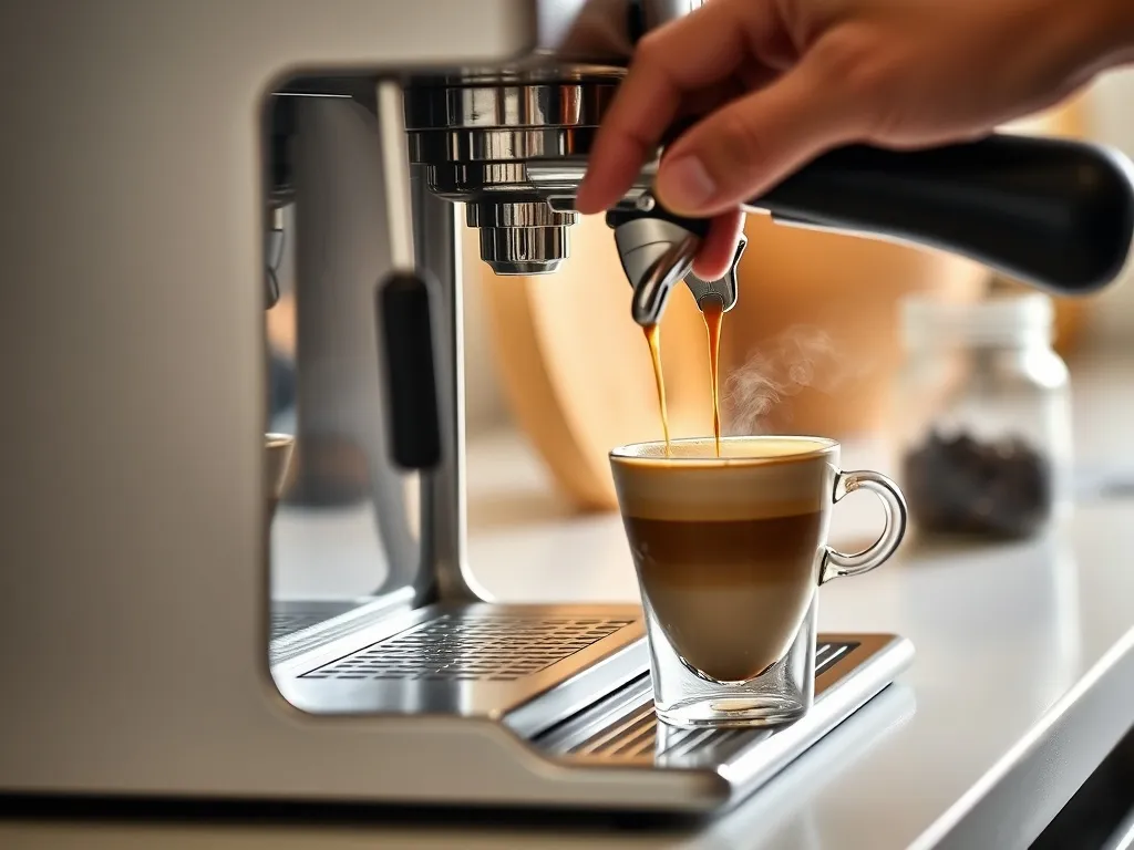 Barista nalewa świeże espresso z ekspresu kolbowego do filiżanki w jasnej, przytulnej kuchni, widoczna gęsta crema.