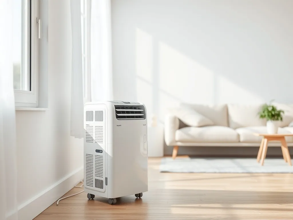 Nowoczesny klimatyzator przenośny przy oknie w jasnym salonie, pokazany jako praktyczne rozwiązanie na upały.