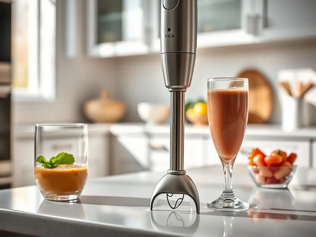 Nowoczesny blender ręczny na blacie obok smoothie i owoców, w jasnej kuchni, zachęcający do wyboru najlepszego modelu.