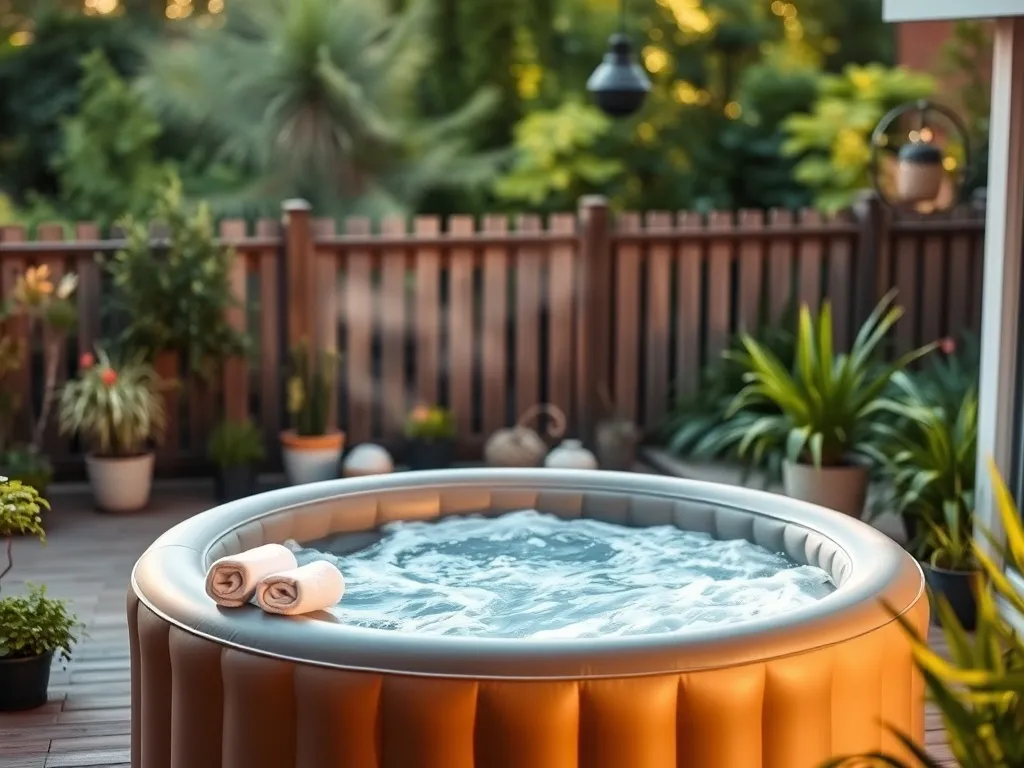 Nadmuchiwane jacuzzi ogrodowe na drewnianym tarasie, z ręcznikami i roślinami wokół, tworzące przytulną strefę relaksu.
