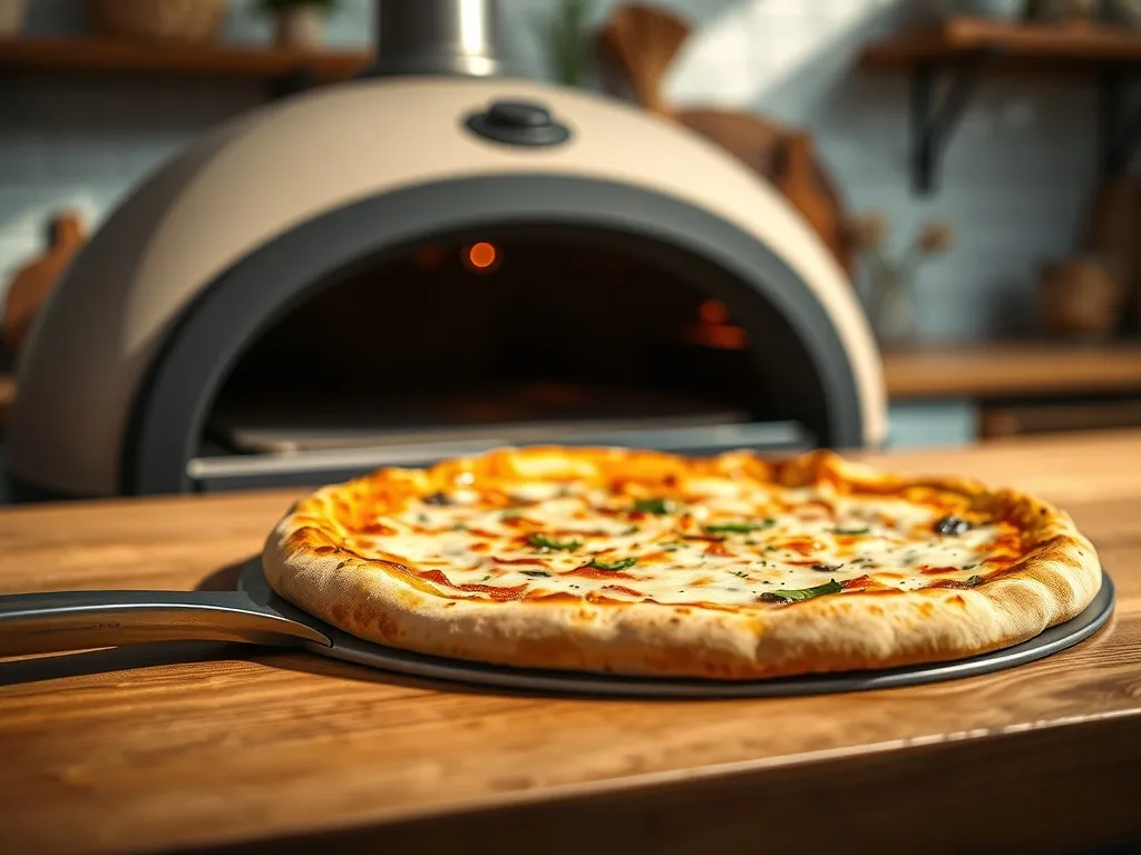 Domowy piec do pizzy na blacie kuchennym, zrumieniona pizza na łopacie, przytulne, nowoczesne wnętrze w tle
