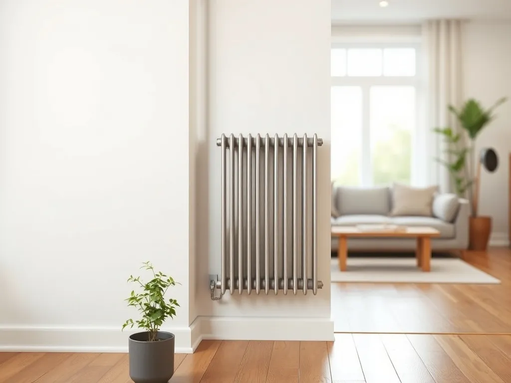 Smukły, energooszczędny grzejnik elektryczny w jasnym, minimalistycznym salonie w stylu skandynawskim.