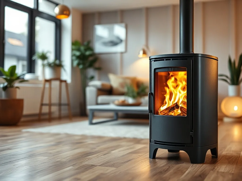 Nowoczesny piec na pellet 10 kW w przytulnym salonie, emitujący ciepłe światło i tworzący spokojną, przyjazną atmosferę.