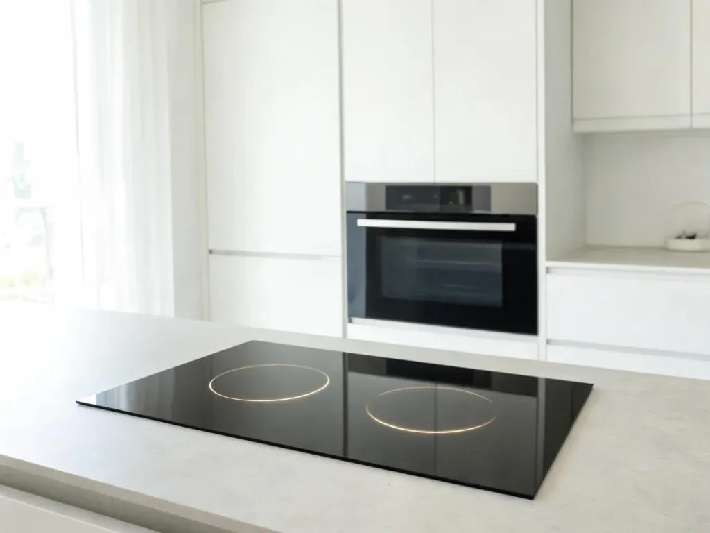 Nowoczesna, jasna kuchnia z elegancką czarną płytą indukcyjną A+++, podkreślającą minimalistyczny design wnętrza.