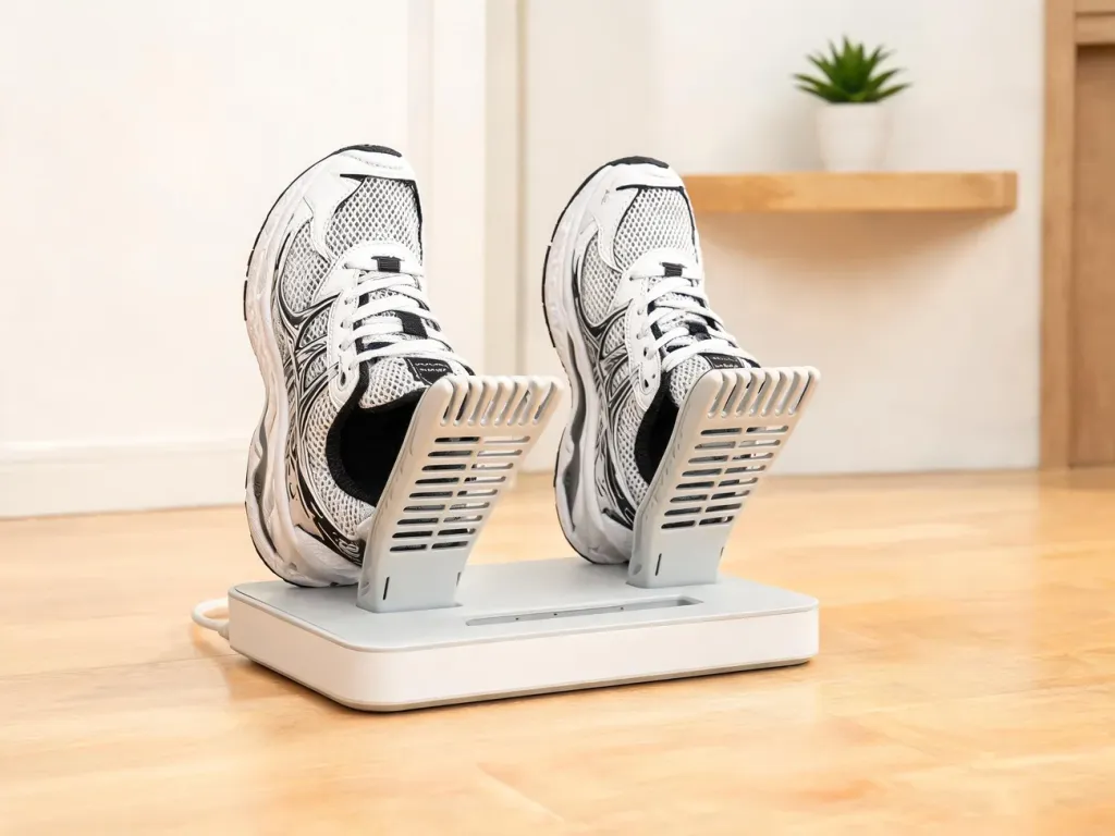 Nowoczesna suszarka do butów z ozonem z umieszczonymi sportowymi sneakersami w jasnym, minimalistycznym wnętrzu.