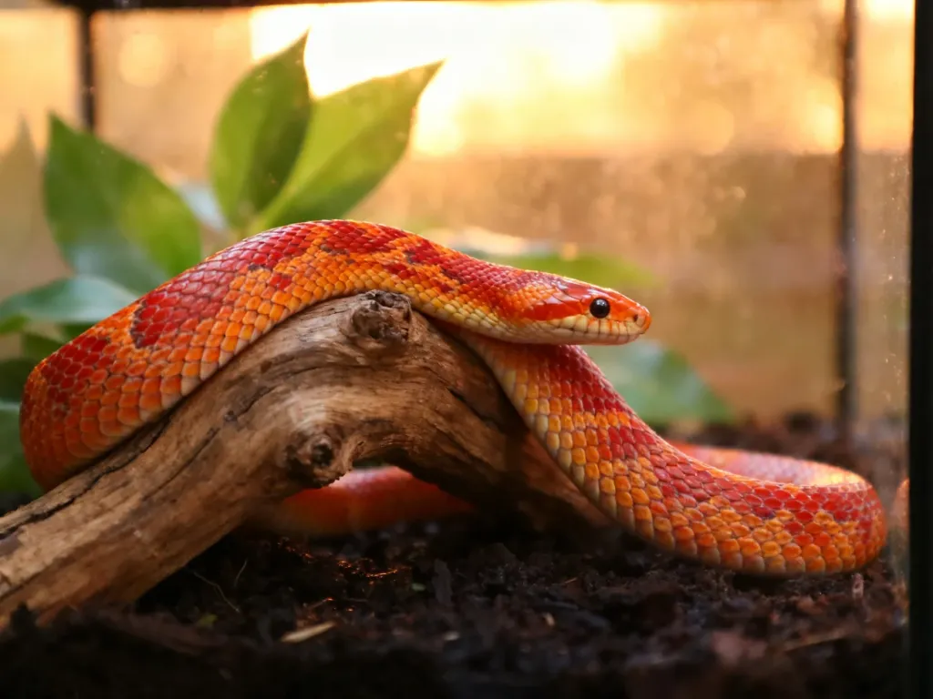 Wąż zbożowy o wyrazistych, pomarańczowo-czerwonych łuskach odpoczywający na drewnianej gałęzi w terrarium.