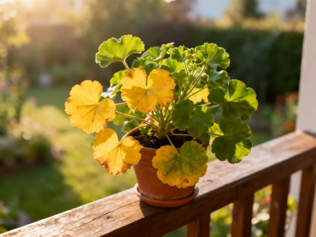Doniczka z geranium na balkonie, na której widoczne są żółknące liście wśród zdrowej, zielonej roślinności.