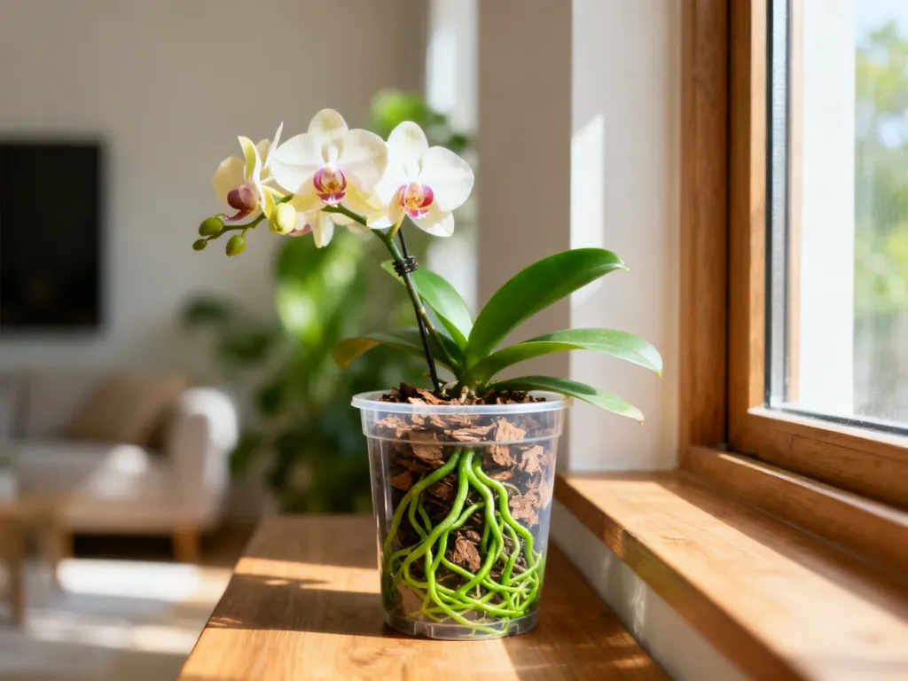Zdrowy storczyk Phalaenopsis w przezroczystej doniczce z widocznymi zielonymi korzeniami i wilgotnym podłożem na parapecie.
