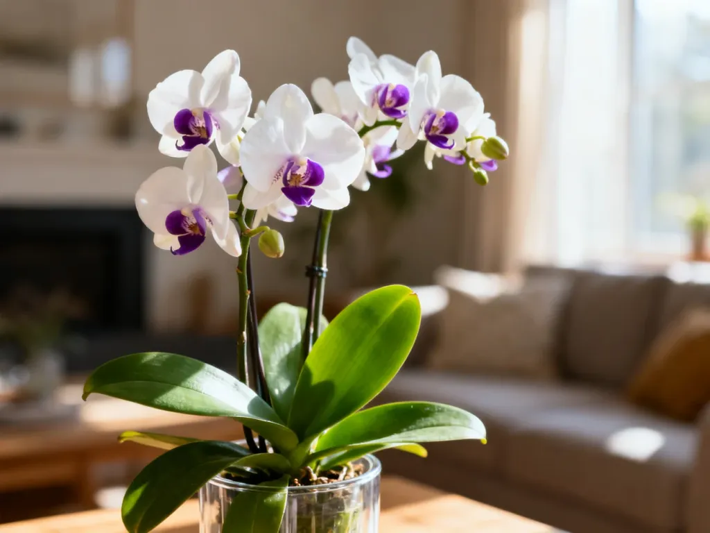 Zdrowy storczyk Phalaenopsis z białymi i fioletowymi kwiatami w przezroczystej doniczce, oświetlony porannym słońcem.