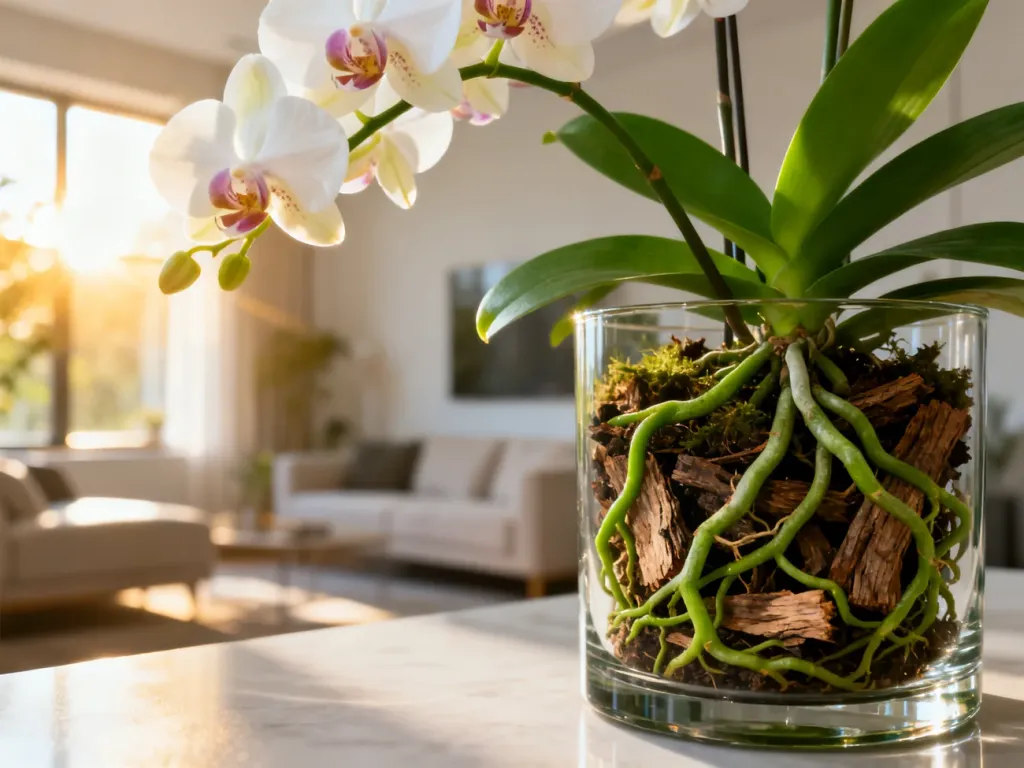 Storczyk Phalaenopsis w szklanej doniczce z widocznymi zdrowymi korzeniami i podłożem z kory w słonecznym salonie.